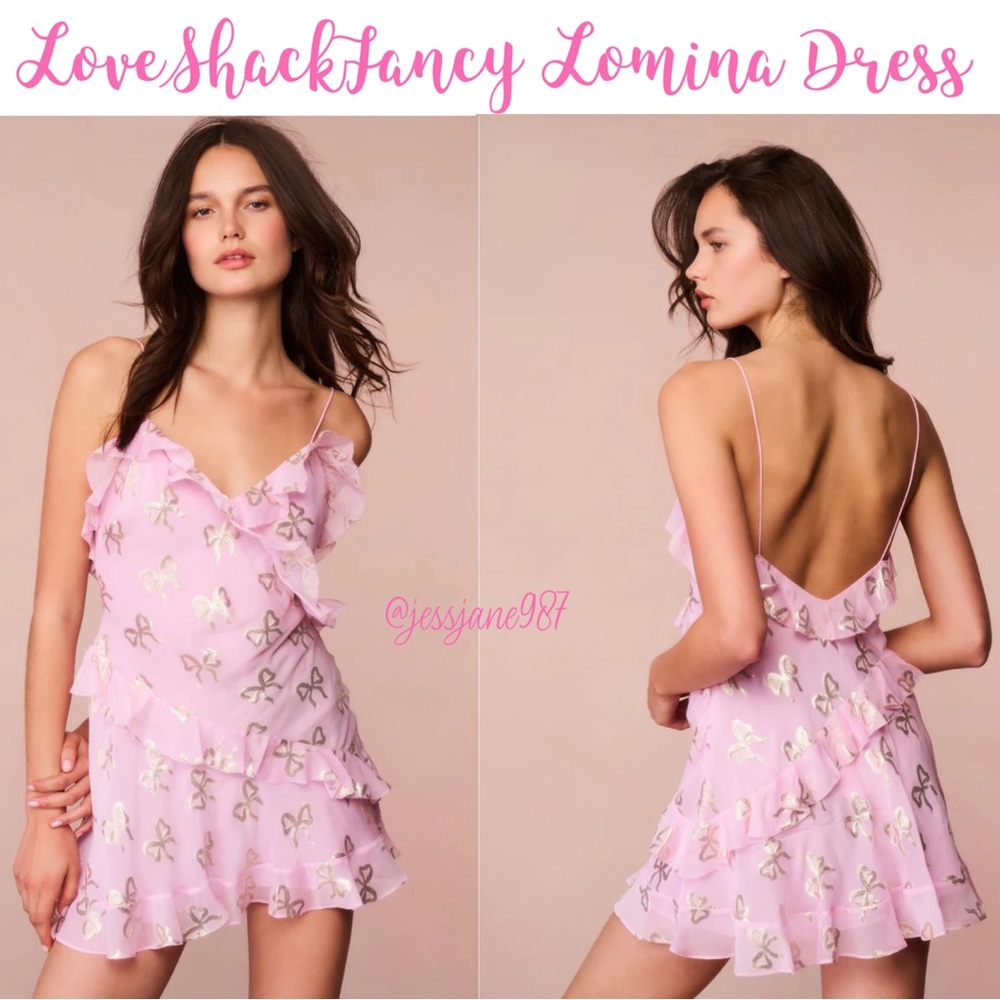 LoveShackFancy Lomina Pink Metallic Silk Bow Mini Dress